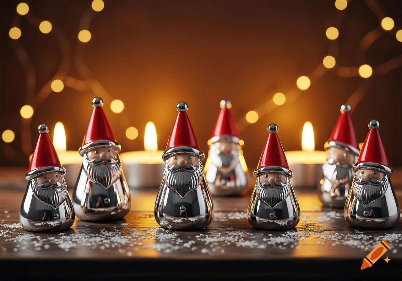 Shiny silver Santa gnome figures with red hats stand on a wooden surface with white flakes, against a backdrop of warm lights and candles.