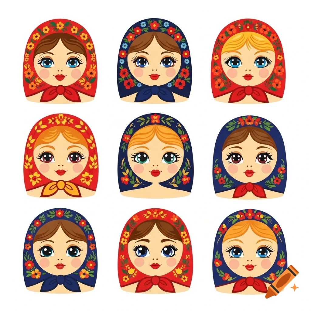 Nine cartoon matryoshka doll faces with varied expressions and floral headscarves, flat vector illustration.