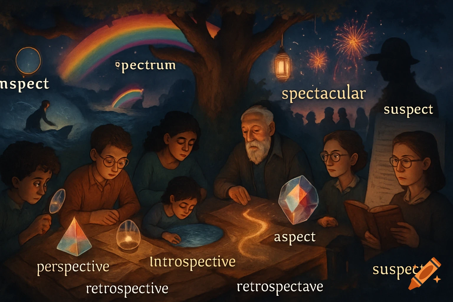 An ethereal scene with people gathered around a table, examining objects like a prism and a glowing orb, under a night sky with rainbows, fireworks, and text labels.