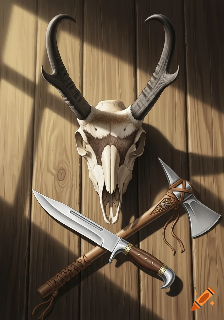 A pronghorn antelope skull hangs on a wooden wall, with a hunting knife and tomahawk crossed below it, bathed in warm light.