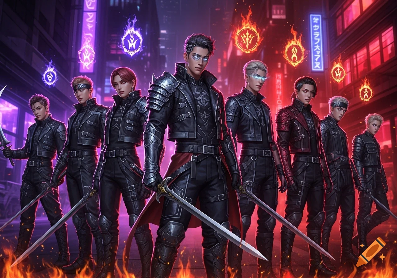 Eight male demon hunters in K-pop style attire stand with swords on a neon-lit urban street, glowing symbols above.