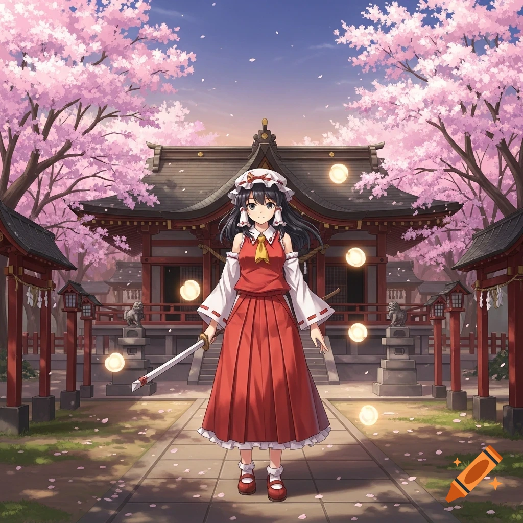 Anime girl in red and white traditional attire with a sword, standing at a Japanese temple under cherry blossoms.
