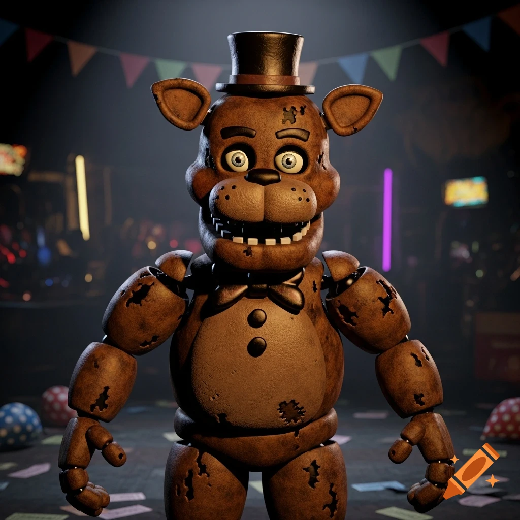 Freddy Fazbear, a distressed brown animatronic bear wearing a top hat and bowtie, stands in a dimly lit party room.