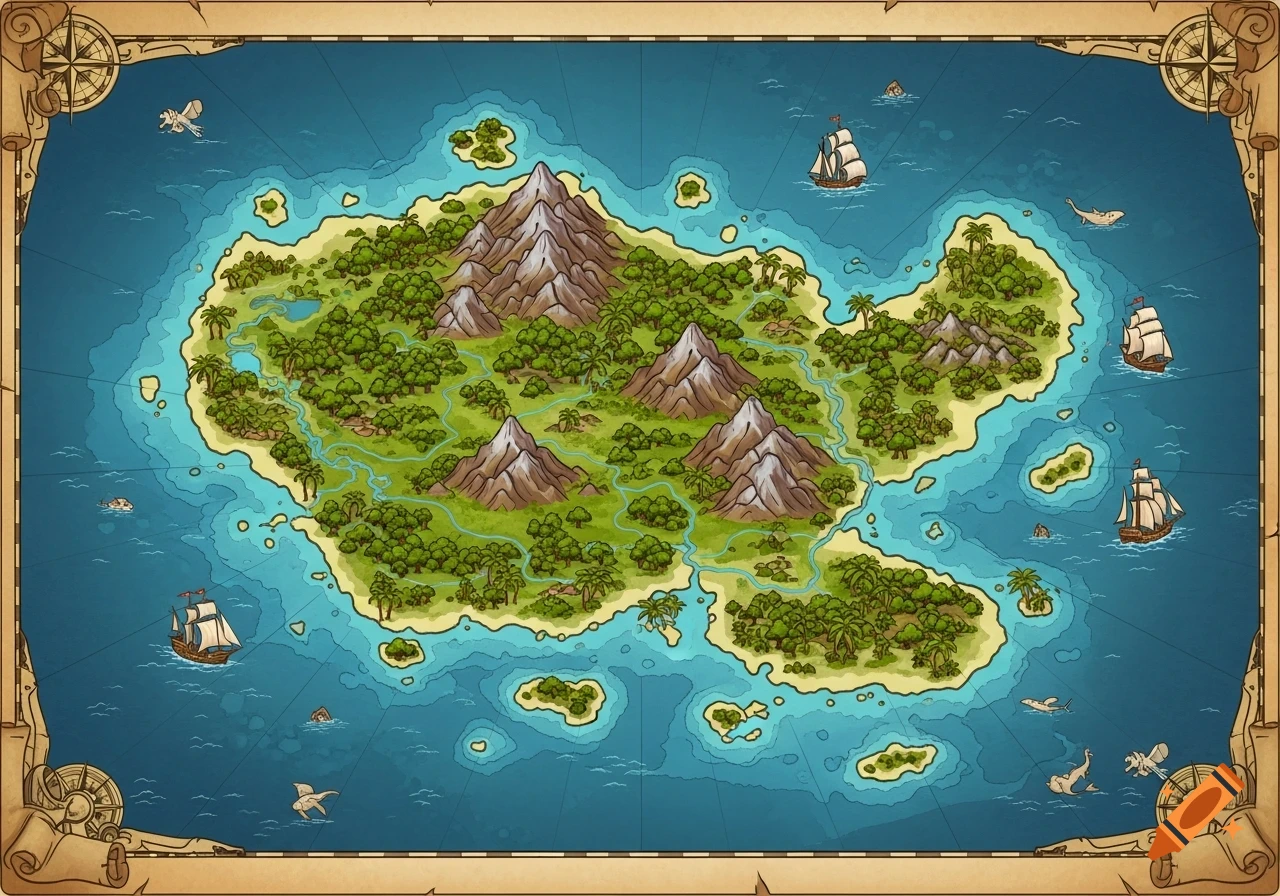 A colorful, stylized fantasy map of a tropical island with mountains, rivers, palm trees, and ships on the surrounding ocean.