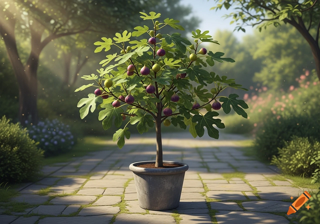 A potted fig tree laden with ripe green and purple figs sits on a stone path in a sunny garden.