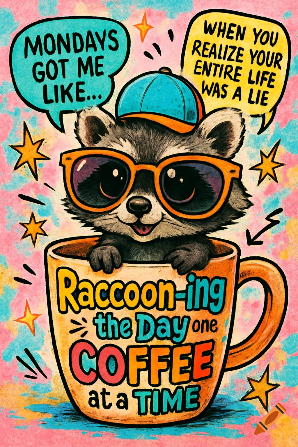 A cartoon raccoon in sunglasses and a cap in a coffee cup, with meme text about Mondays and coffee.