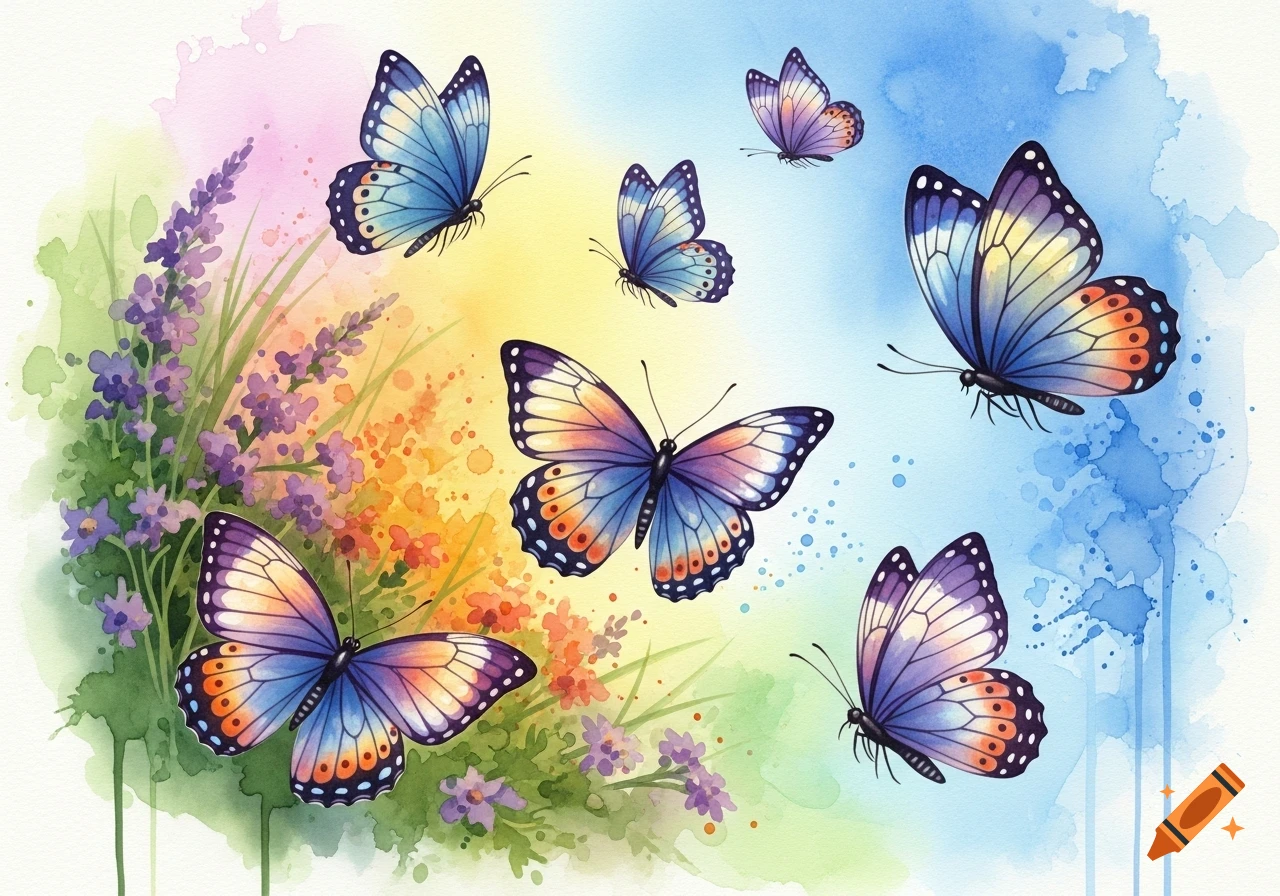 Multiple colorful butterflies fly above purple and orange flowers in a vibrant watercolor painting.