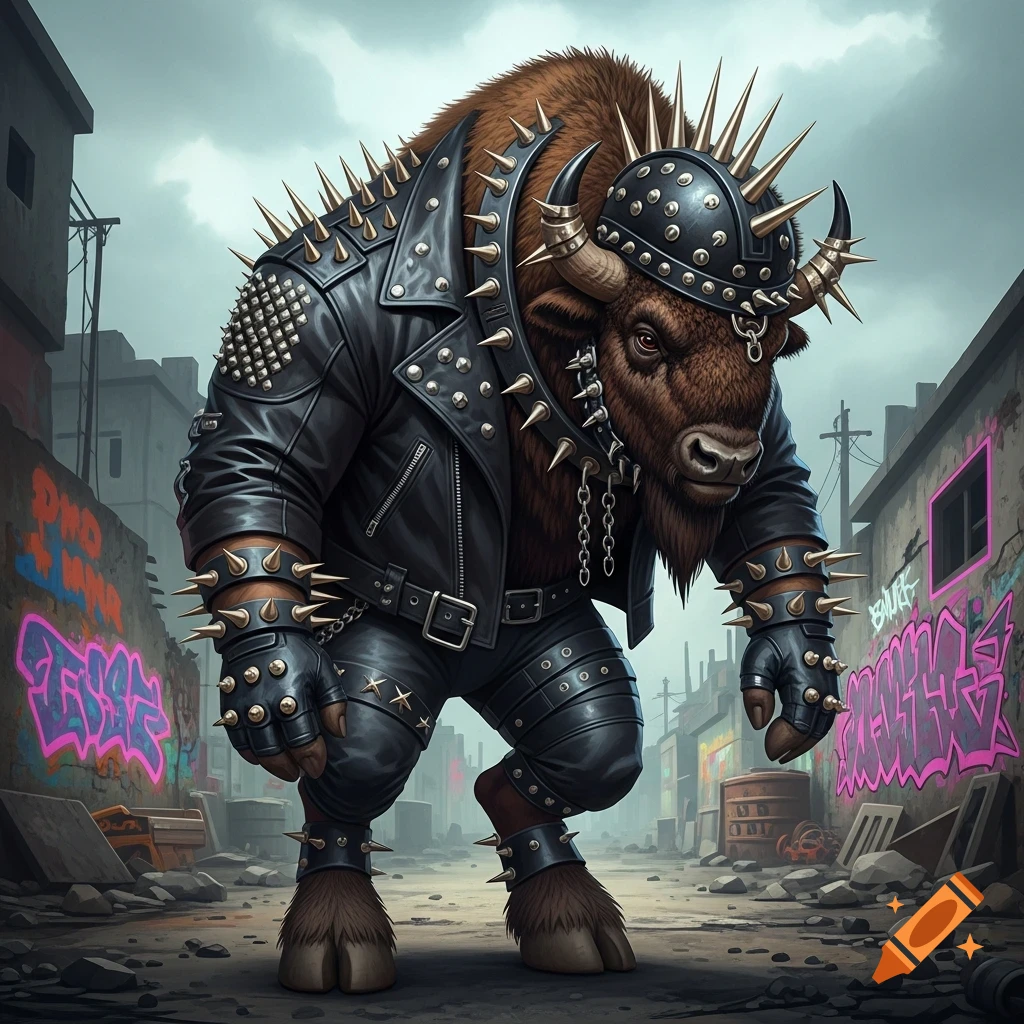 A muscular bison-like creature wearing a spiky black leather jacket and helmet stands in a graffiti-covered urban alley.
