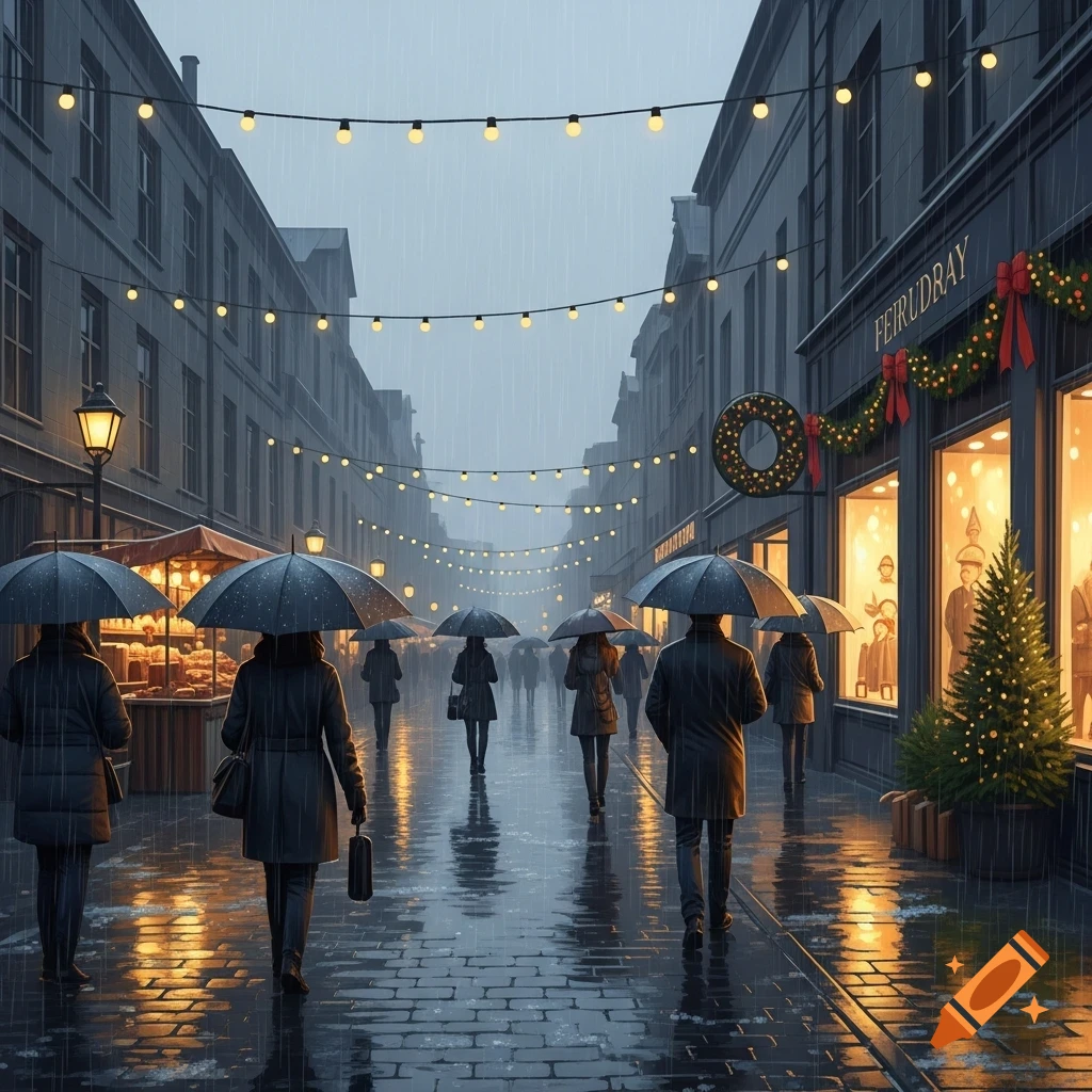 A photorealistic image of a rainy city street at dusk, people walk with umbrellas under strings of festive lights and Christmas decorations.