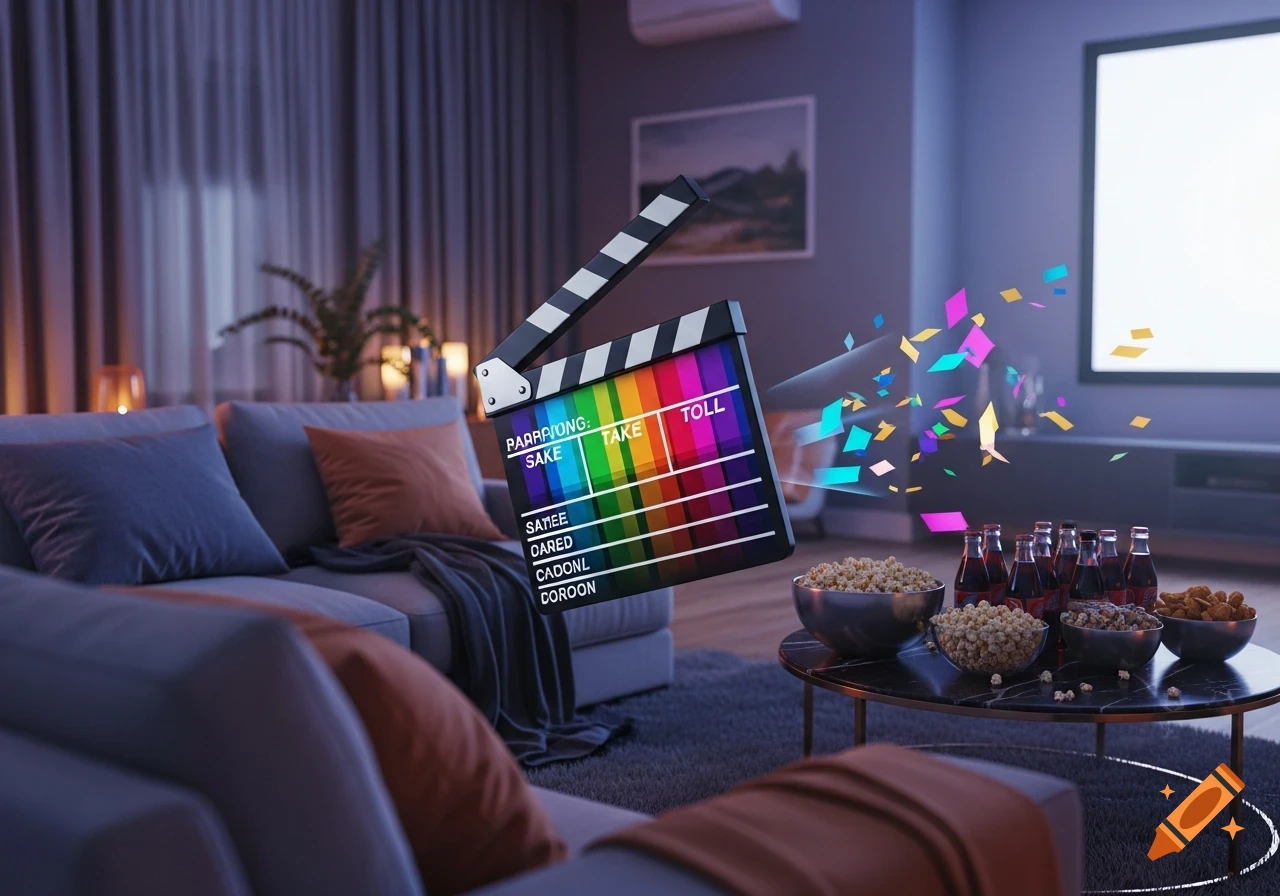 A modern, photorealistic living room with a grey sofa, coffee table with popcorn and bottled drinks. A colorful film clapboard floats, with confetti bursting towards a large blank TV screen.