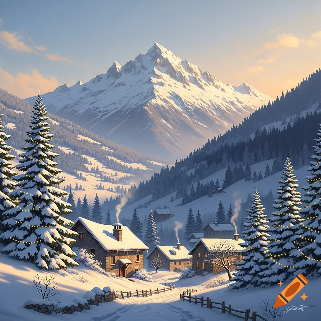 A serene snow-covered mountain village at sunrise, with cozy cabins and frosted pine trees strung with lights, beneath towering peaks.