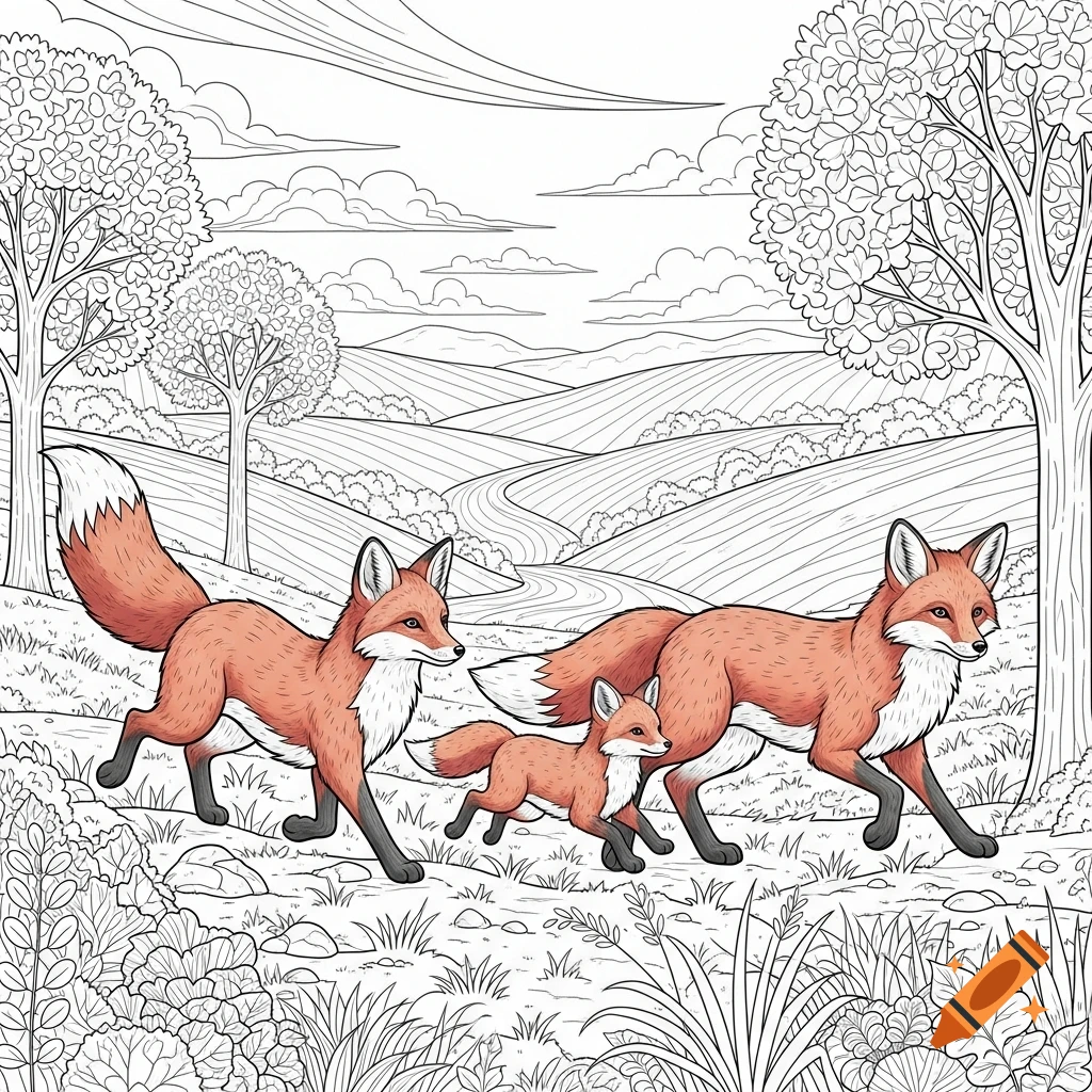 A coloring page of three foxes, an adult pair and a cub, running through a detailed autumn countryside with trees and hills.
