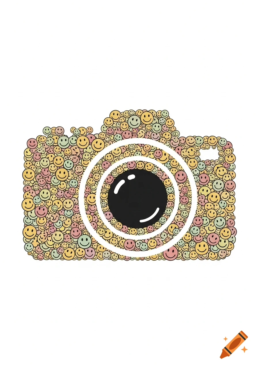 A camera illustration formed by a mosaic of many small, colorful smiley faces on a white background.