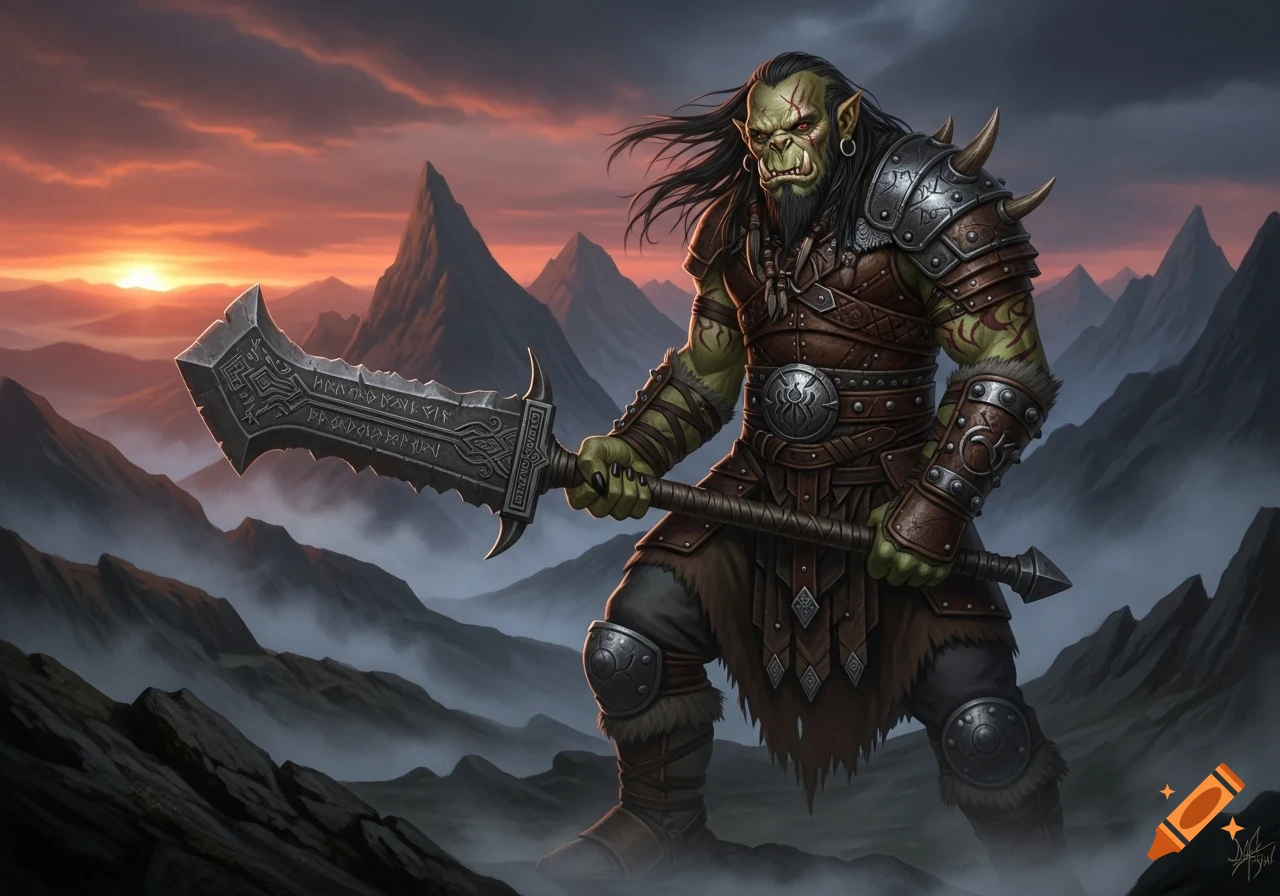 A fierce green-skinned orc warrior in leather armor, holding a large runic sword, stands in a misty mountain landscape at sunset.