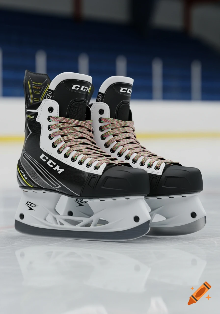Photorealistic image of black and white CCM ice hockey skates with multicolored laces on an ice rink.