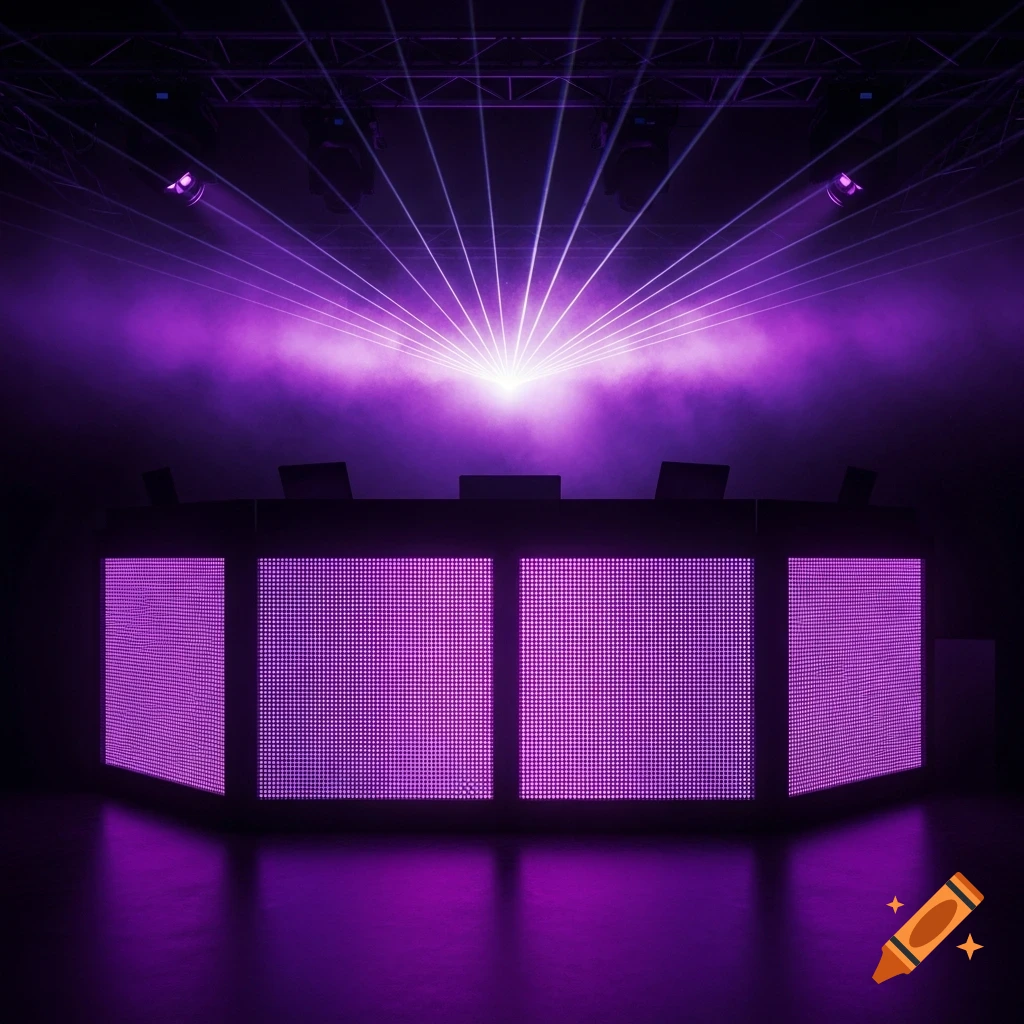 Futuristic DJ booth with purple LED screens, laser lights, and smoke haze in a dramatic nightclub setting.