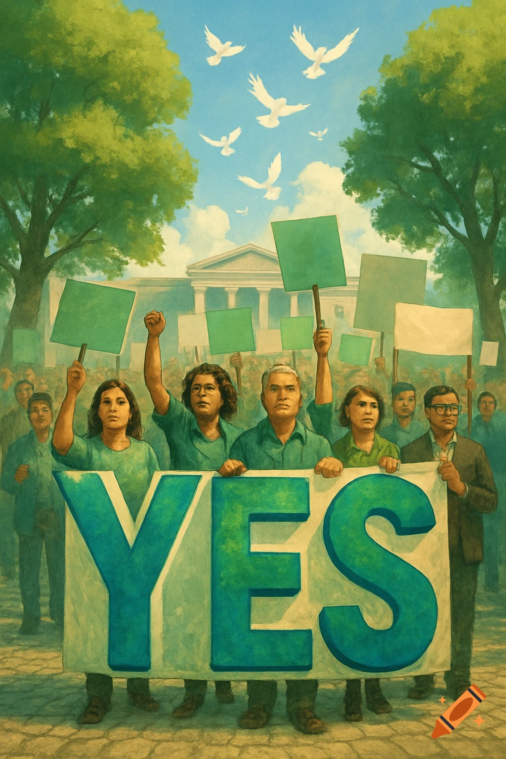 Illustrated scene of people at a rally holding a large 'YES' banner and signs, with doves flying over a classical building.