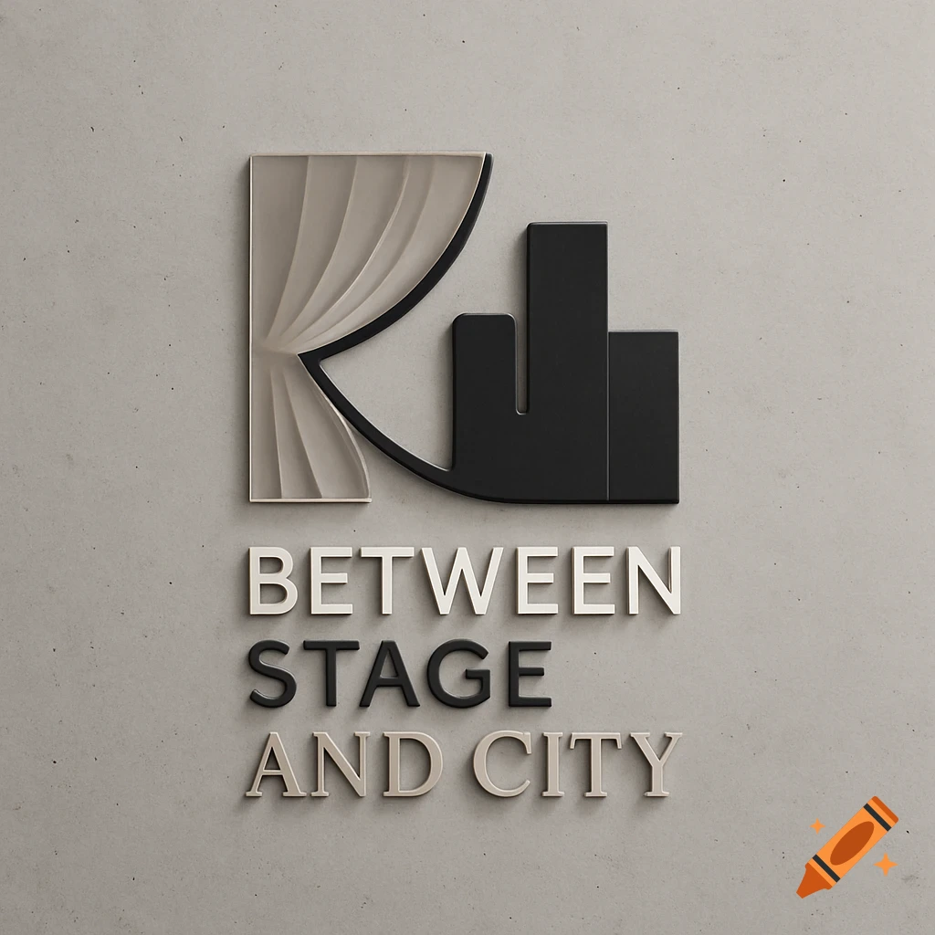 3D rendered logo for "Between Stage and City" featuring abstract shapes resembling a stage curtain and city skyline on a concrete background.