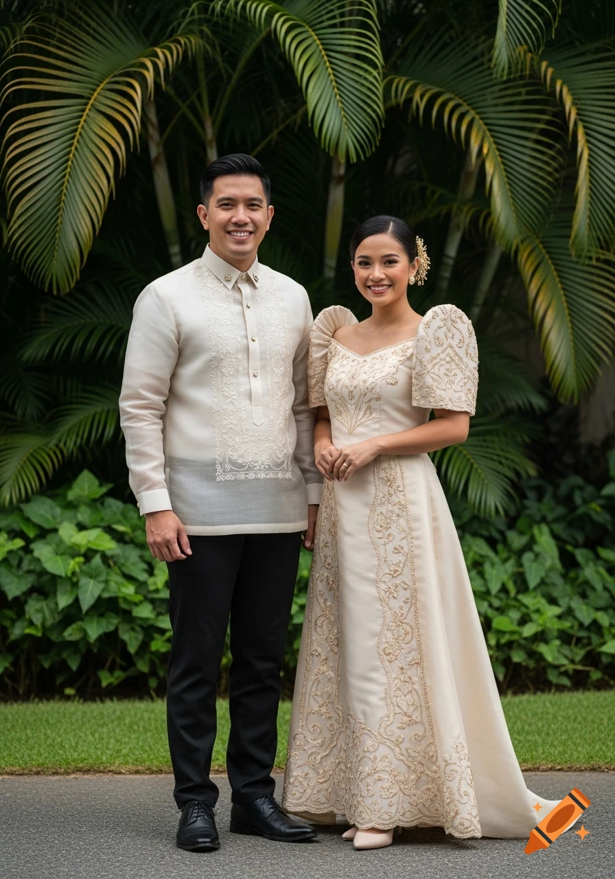 A smiling Filipino couple stands full-body in traditional Barong Tagalog and Filipiniana dress, with lush greenery behind them.