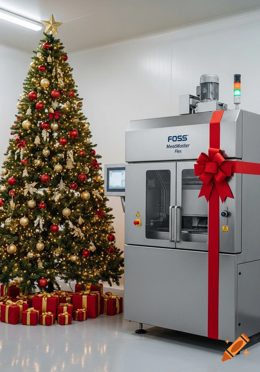 A festive industrial setting with a large Christmas tree, presents, and a FOSS MeatMaster Flex machine adorned with a red gift bow.