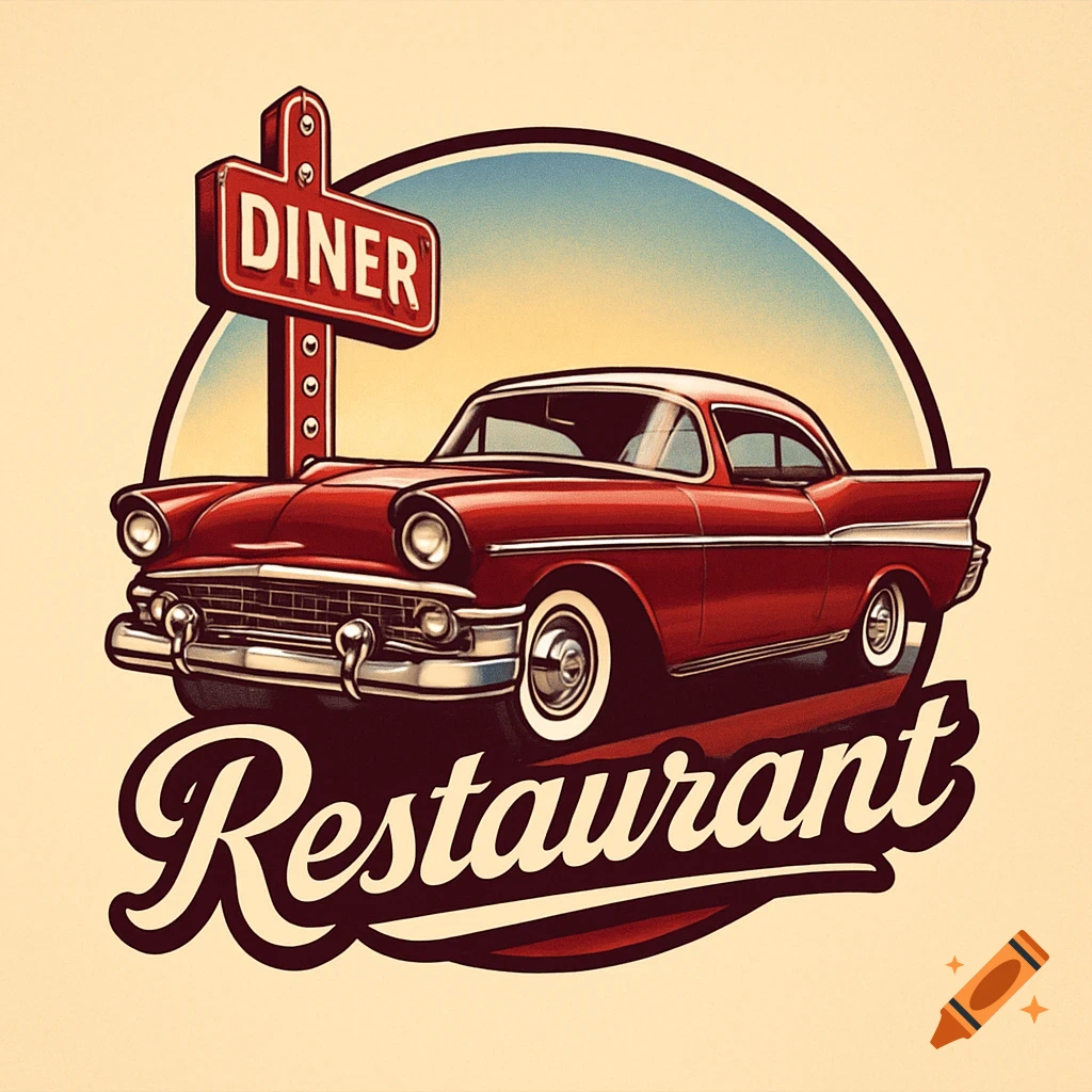 Retro logo with a red classic American car, a 'Diner' sign, and 'Restaurant' text on a cream background.
