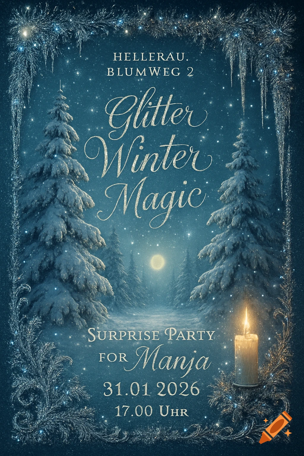 A glittery blue winter party invitation with snowy fir trees, glowing icicles, a full moon, and a lit candle, framed by sparkling silver foliage.