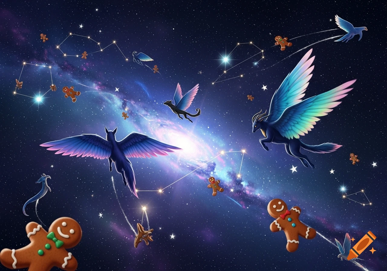 Magical winged creatures and gingerbread men float through a starry galaxy with constellations.