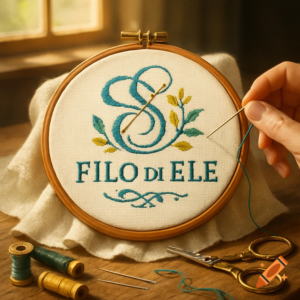 A hand embroiders "FILO DI ELE" and an ornate 'S' with leaves in a hoop, surrounded by thread spools, needles, and scissors on a wooden table.