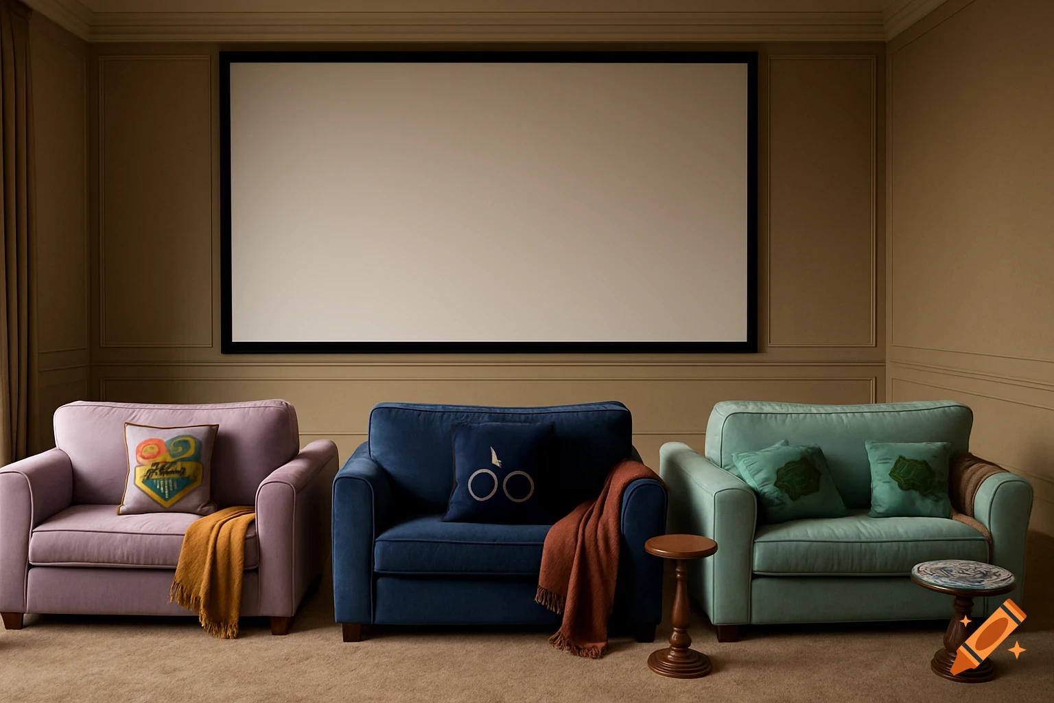 A cozy home theater with three colorful sofas, a large screen, and Harry Potter-themed pillows. The sofas are lavender, blue, and mint green.