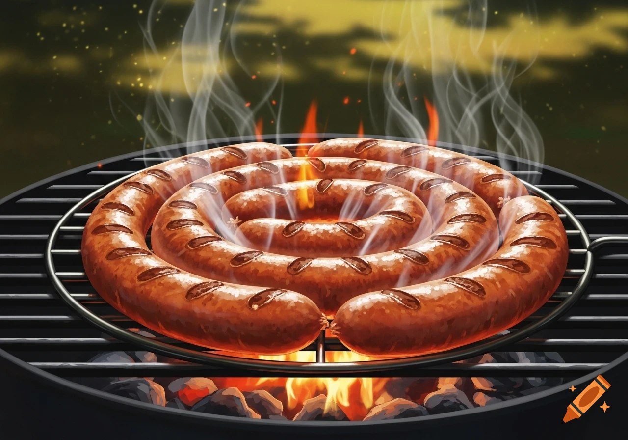 Spiral-shaped sausages grilling over hot coals with smoke and flames, stylized illustration.