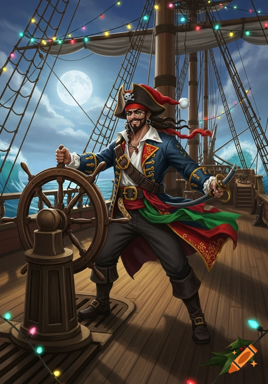 Vibrant illustration of a smiling pirate with a Santa hat at a ship's wheel, festive lights on the rigging, under a full moon.