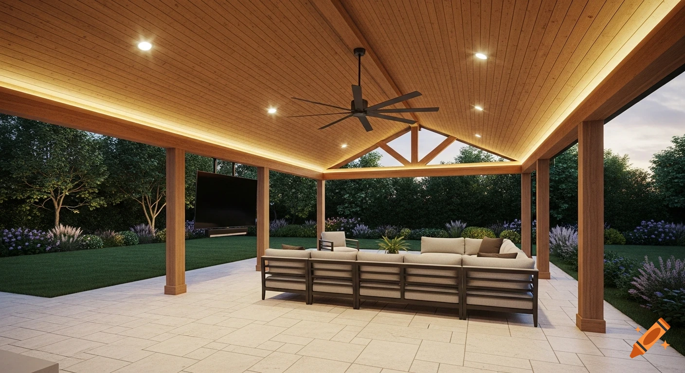 Photorealistic rendering of a covered patio with a vaulted wood ceiling, ceiling fan, TV, and outdoor sectional sofa, overlooking a landscaped garden at dusk.
