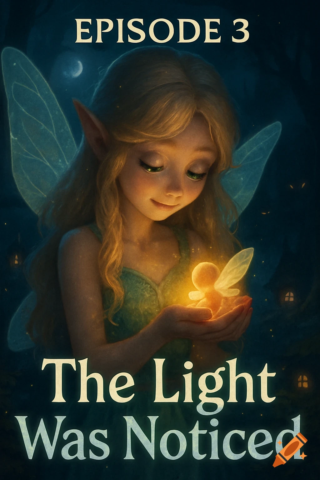 A fairy girl holds a glowing baby fairy in a magical forest at night. Text: "EPISODE 3" and "The Light Was Noticed".