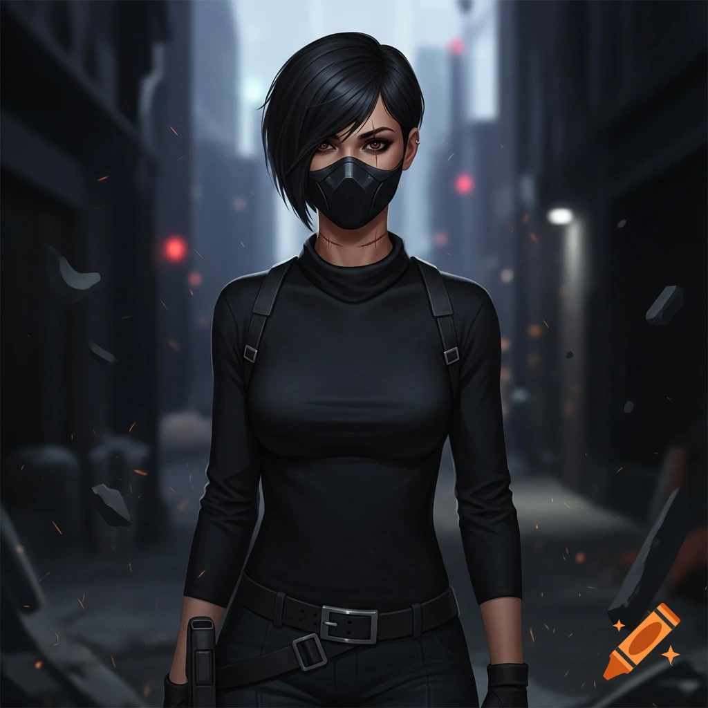 Stylized character art of a woman in a black tactical outfit and mask, with short black hair and scars, standing in a dark alley.