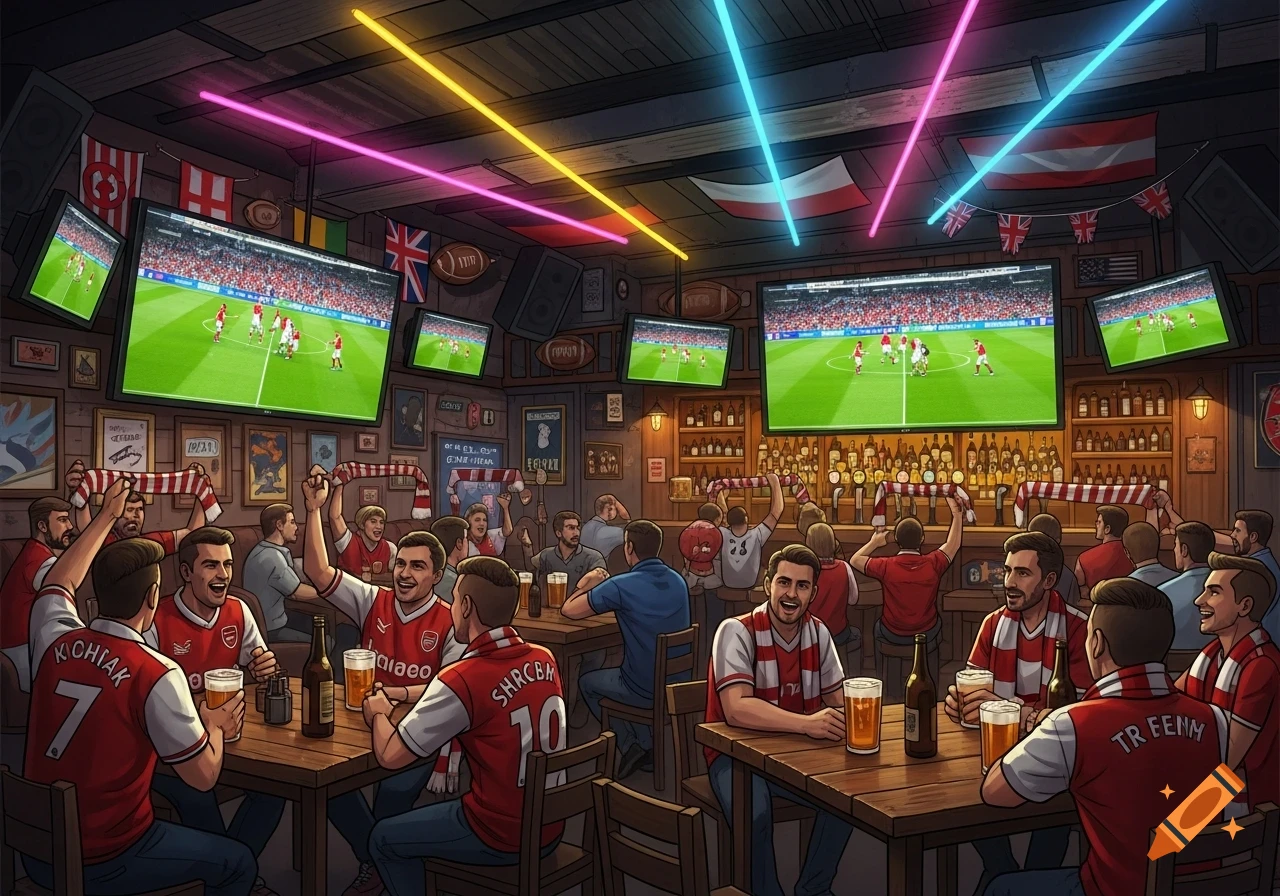 An animated illustration of male football fans in a pub, wearing red and white jerseys, cheering and drinking beer while watching a match on multiple TVs.
