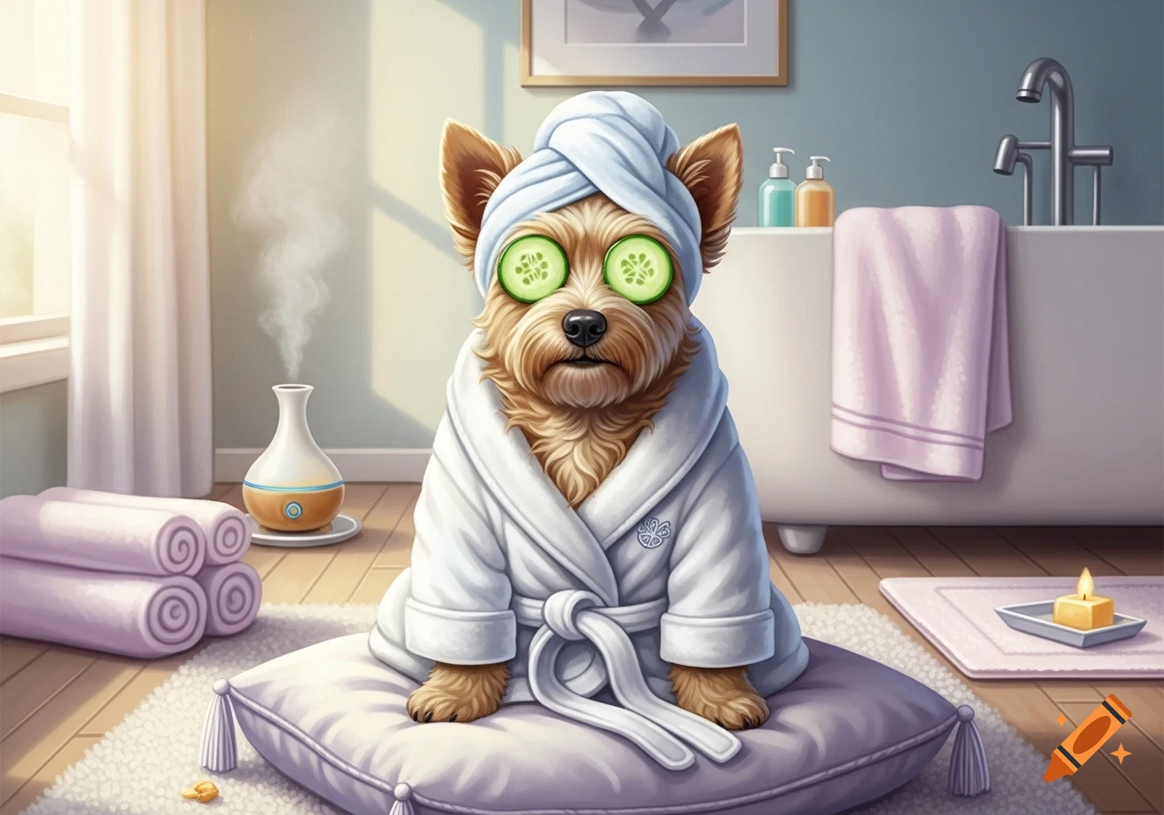 A cute Yorkshire Terrier dog wearing a white bathrobe, a head towel, and cucumber slices over its eyes, relaxing in a spa-like bathroom, cartoonish style.