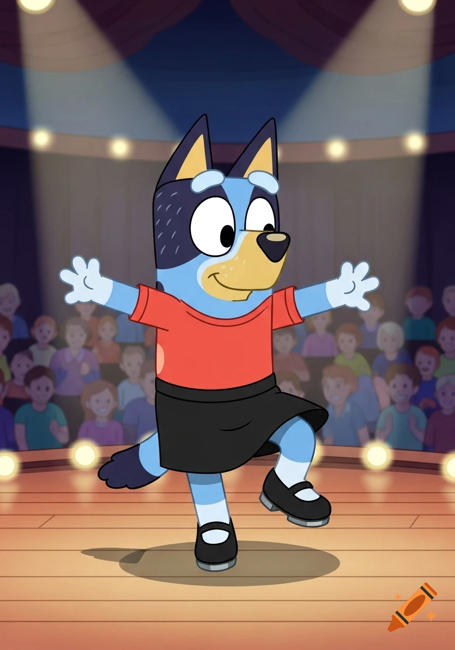 Bluey Heeler tap dancing on a wooden stage under spotlights with an audience in the background.