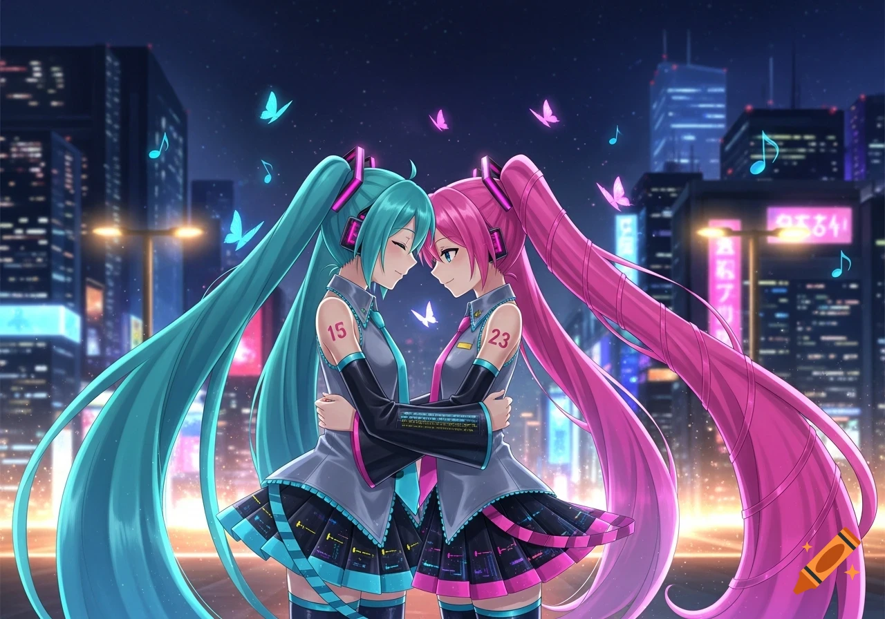 Two anime characters, one with long teal pigtails and another with long pink pigtails, hug against a neon city night background with glowing butterflies and musical notes.