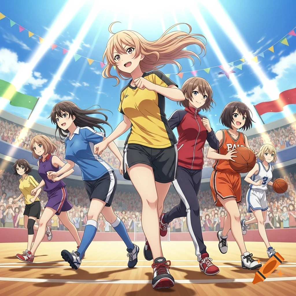 Anime girls in athletic wear, including basketball and running outfits, smiling as they jog forward on a stadium track with a cheering crowd in the background.