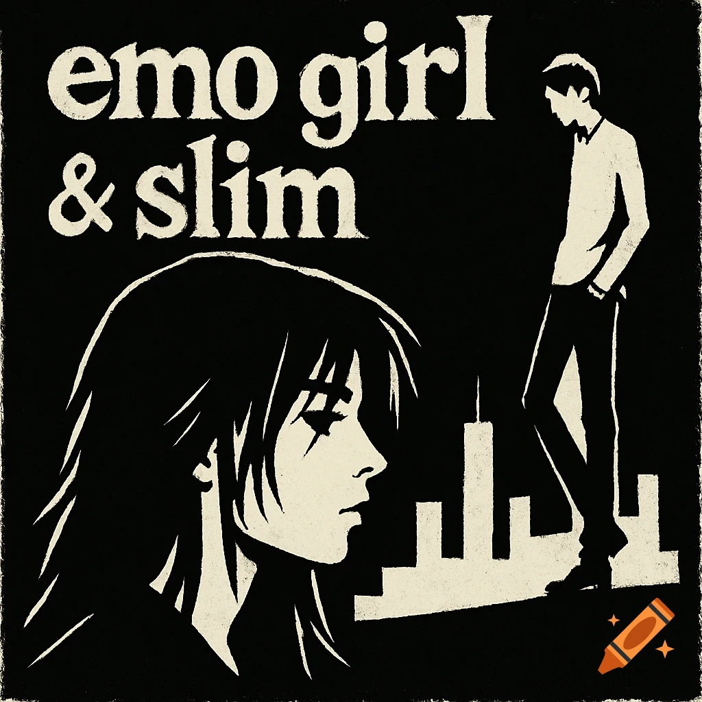 A stylized black and off-white album cover featuring an emo girl and a slim man with the text "emo girl & slim" at the top, in a crude, raw style.