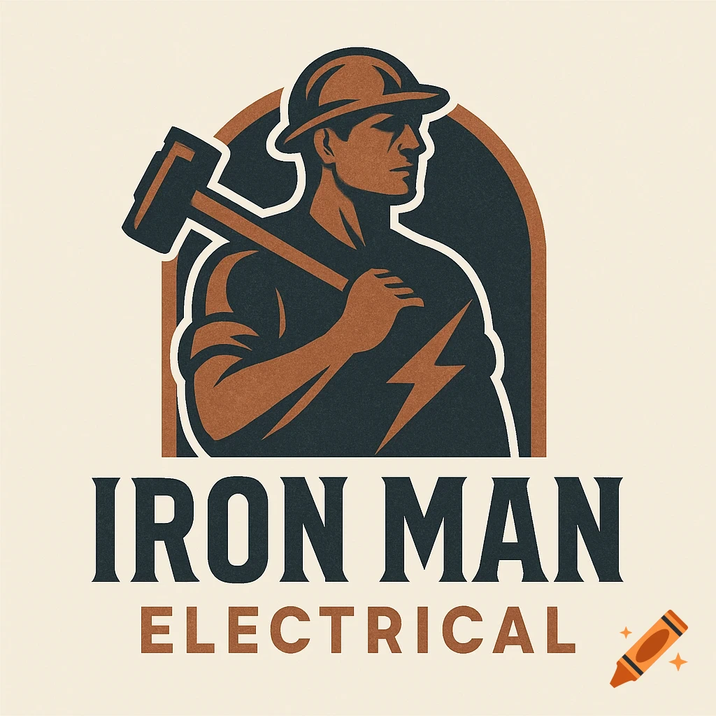 A vintage industrial logo for 'Iron Man Electrical' featuring a worker with a sledgehammer and lightning bolt.