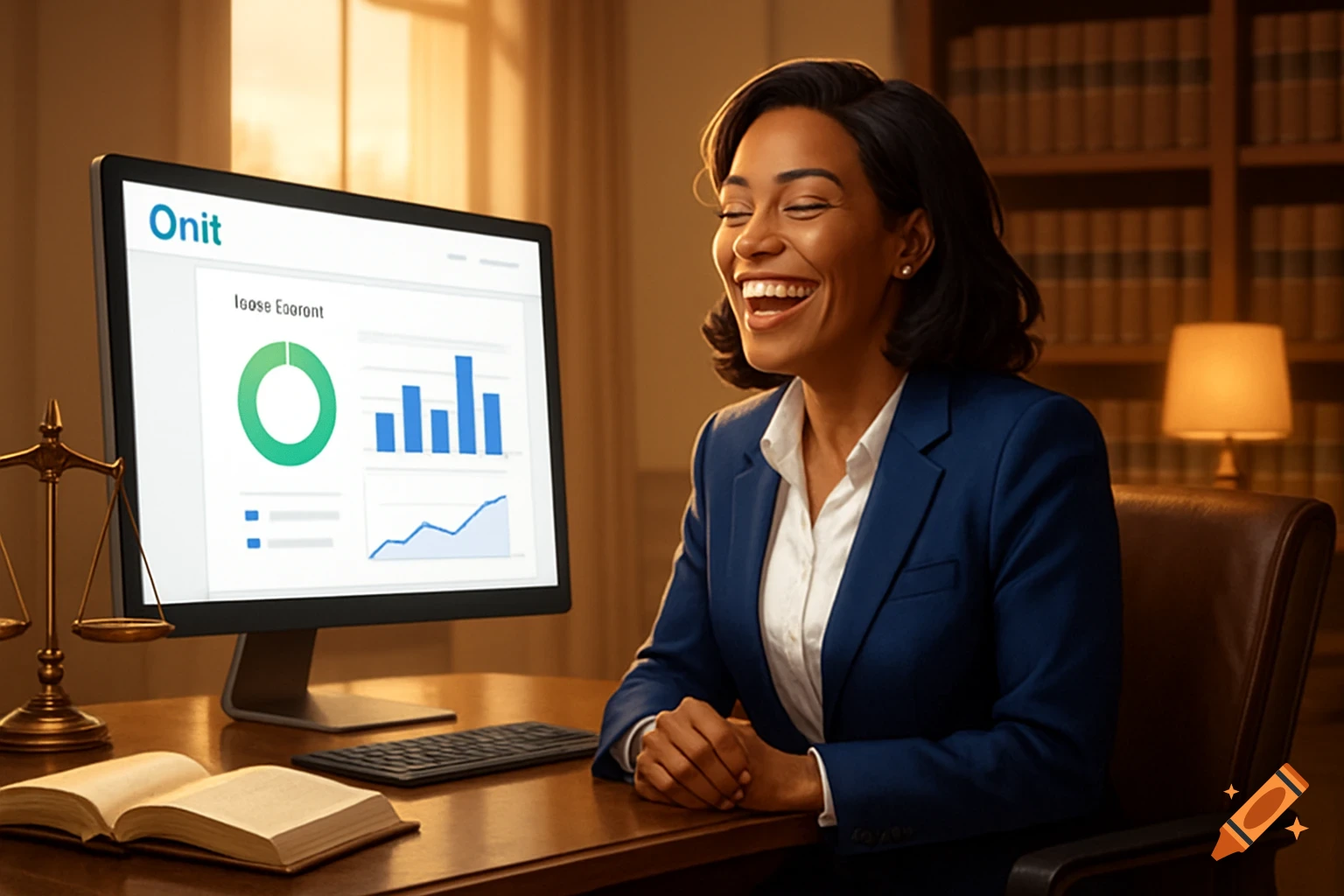 A smiling lawyer in a blue suit sits at a desk with a computer displaying business analytics and a scale of justice.