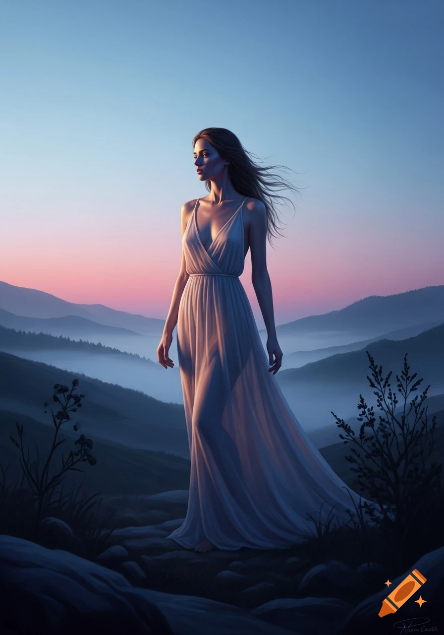 A slender woman in a flowing white dress stands on a rocky path, hair ...