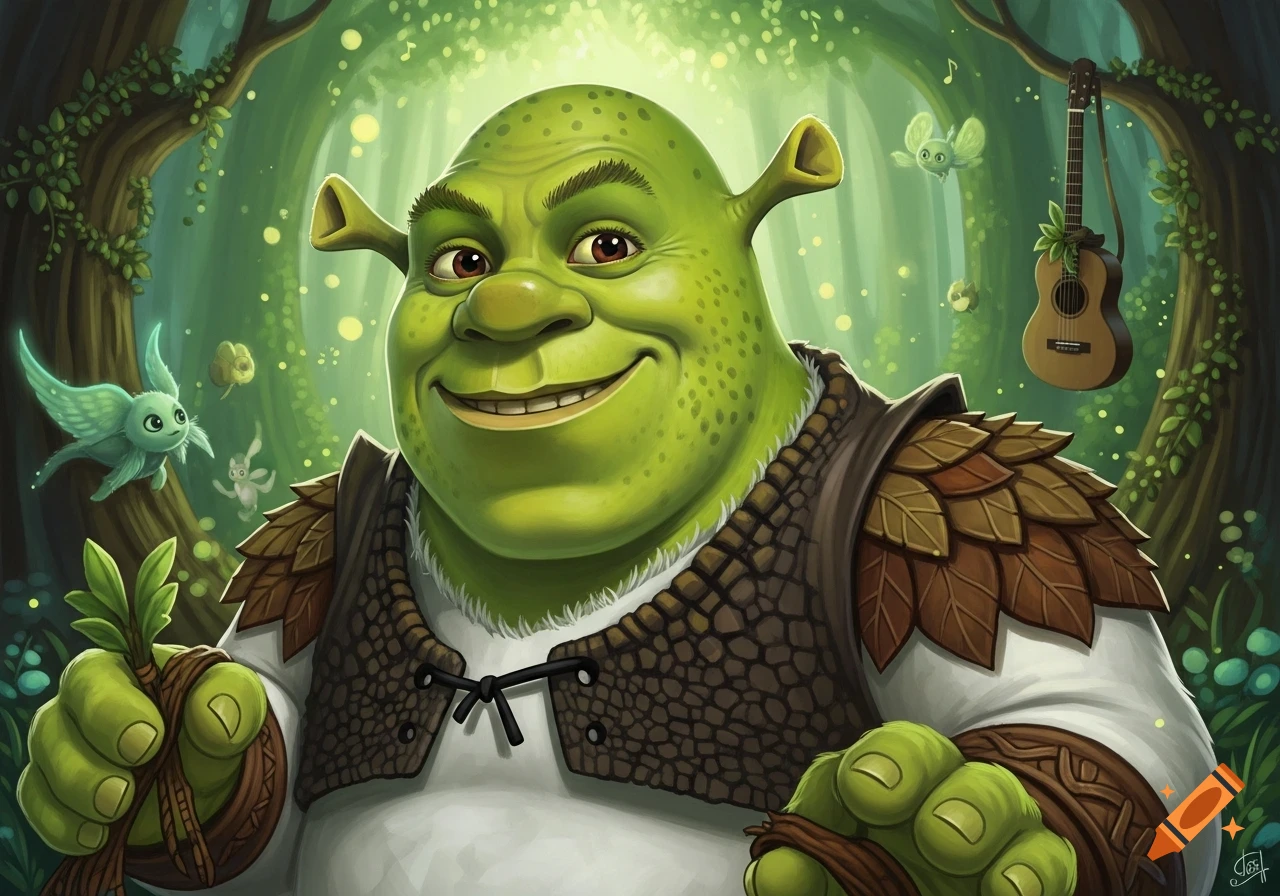 Stylized digital painting of Shrek smiling in an enchanted forest, holding a plant, with glowing fireflies and small flying creatures around him.