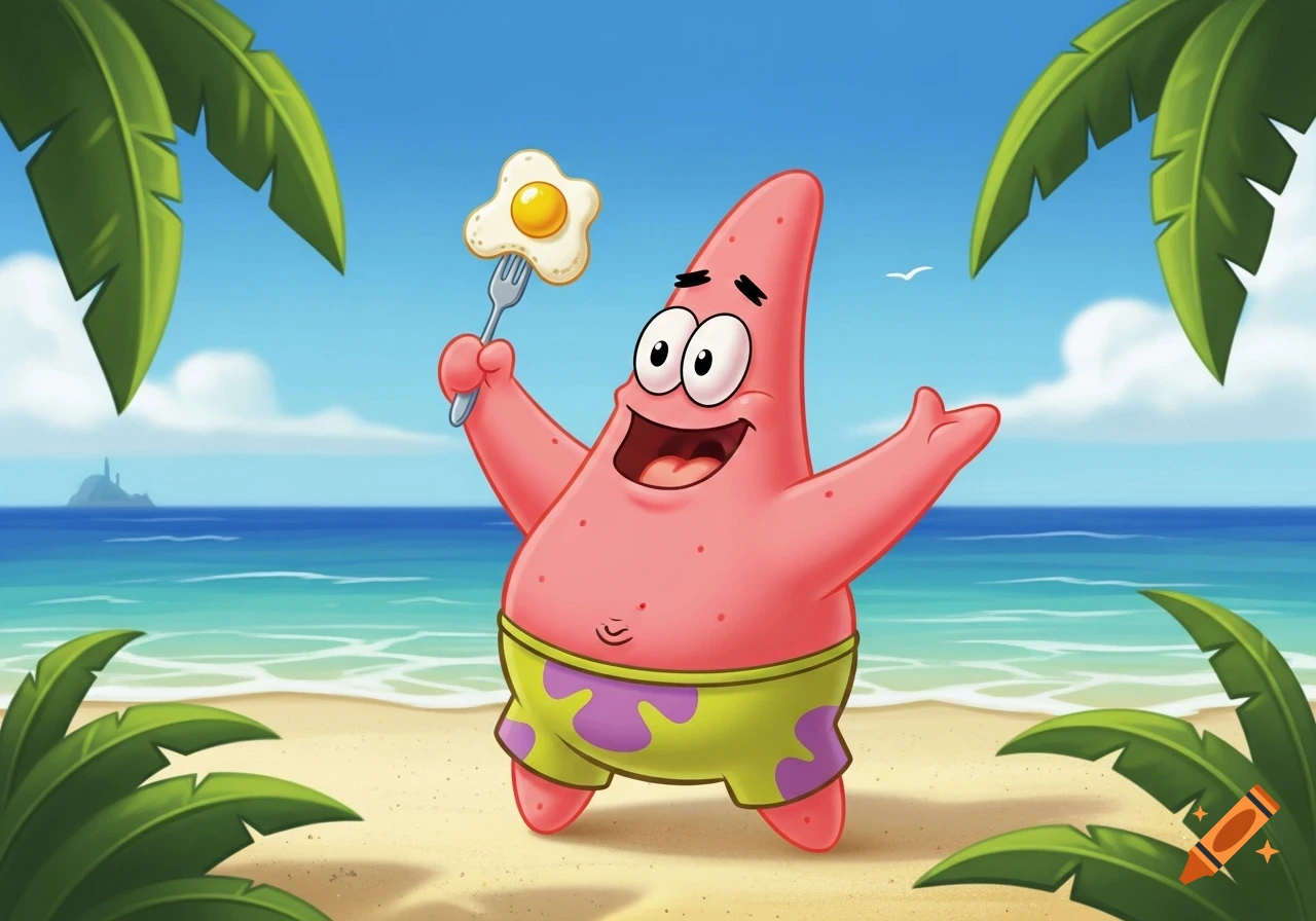 Patrick Star happily holds a fried egg on a fork at a tropical beach with palm leaves and a blue sky.