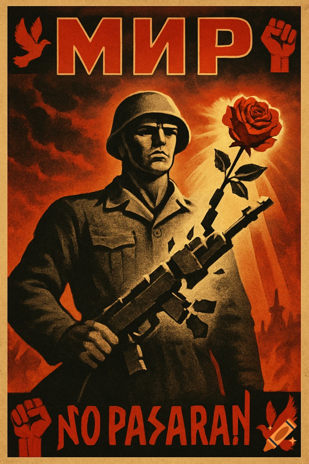 Propaganda poster in socialist realism style, featuring a soldier holding a broken rifle with a red rose, against a red sky with a dove. Text says "МИР" and "NO PASARAN!"
