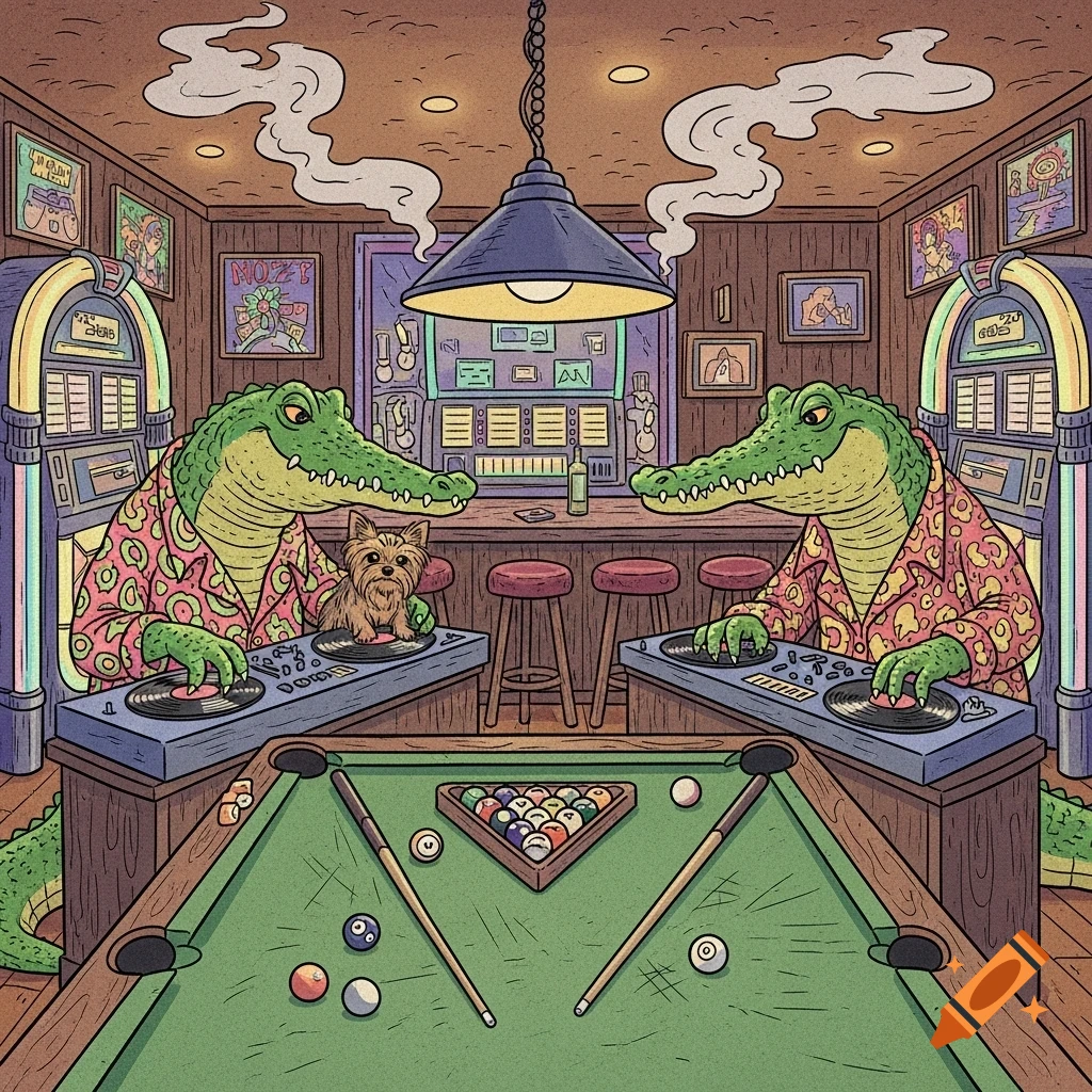 Two alligator DJs, one holding a Yorkie, play vinyl records in a retro R. Crumb style dive bar with a pool table.
