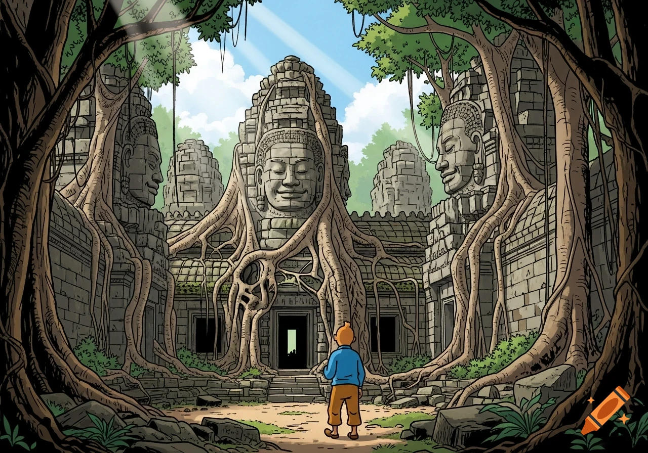 Tintin explores ancient temple ruins with giant stone faces and massive tree roots in a vibrant ligne claire comic art style.