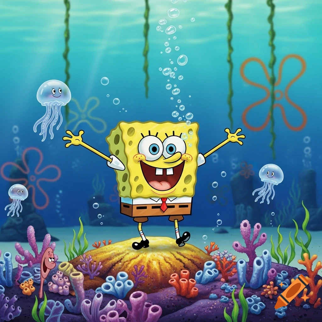 SpongeBob SquarePants with open arms stands on a rock surrounded by colorful coral and jellyfish in a vibrant underwater scene.