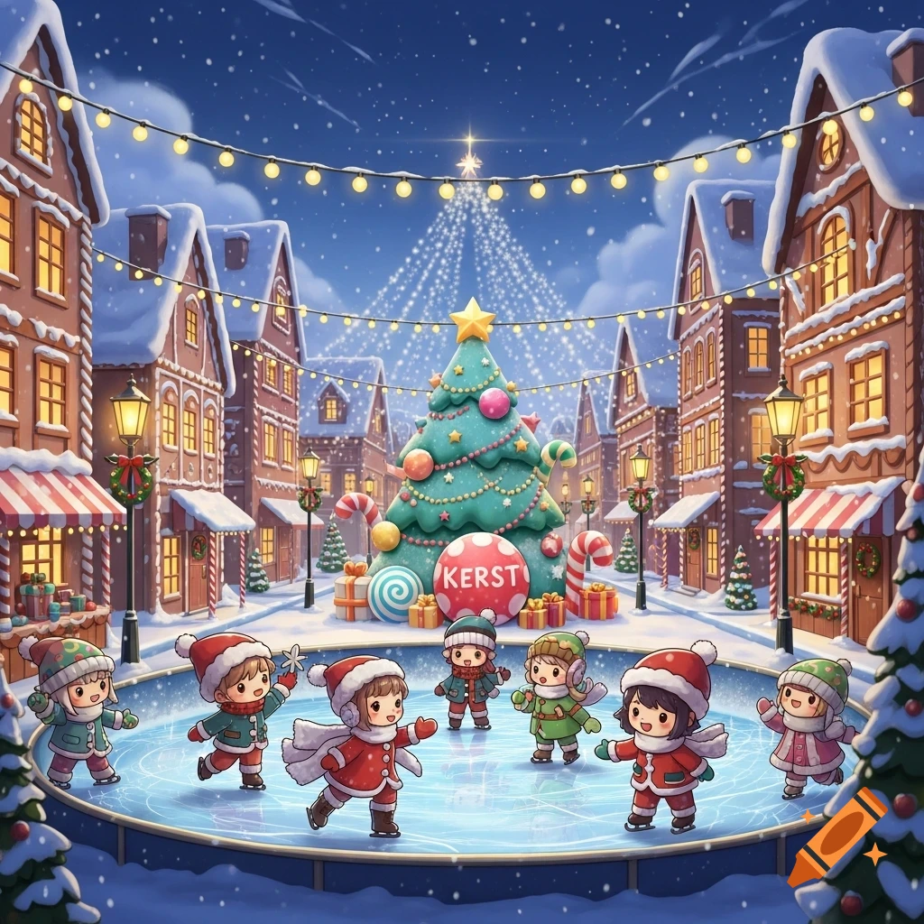 A cute, cartoonish winter scene shows children ice skating in a festive town square with gingerbread-style houses and a large Christmas tree under a starry night.
